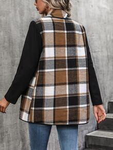 SHEIN LUNE Plaid Print Contrast Binding Open Front Coat - Khaki - View 2