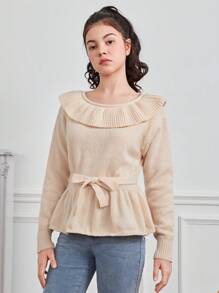 Teen Girl Ruffle Trim Belted Sweater