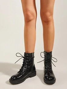 Black Glossy Stone Pattern Lace-up Women's Fashion Boots, Random Stone Pattern - Black - View 4