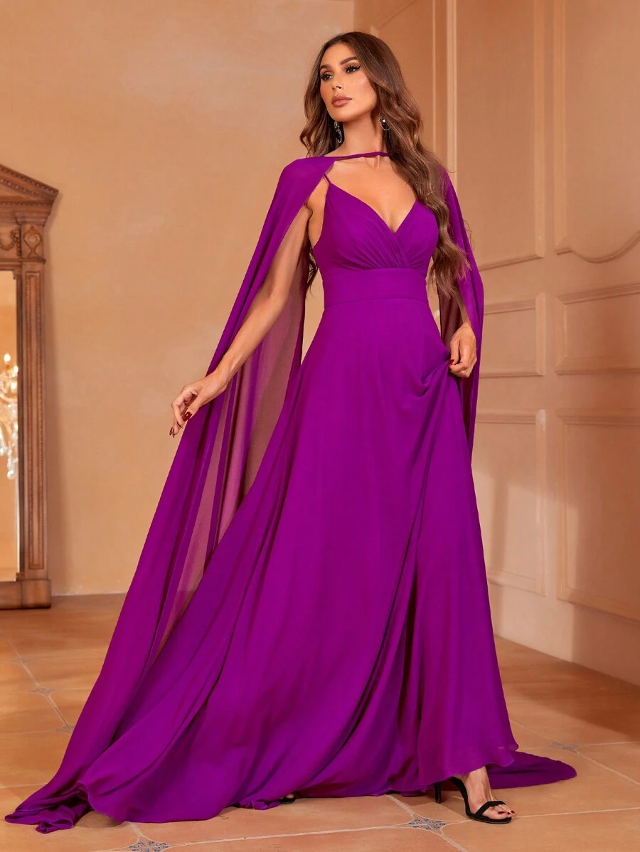 Vestido de fiesta de manga capa de gasa con Capa - Morado - Ver 1