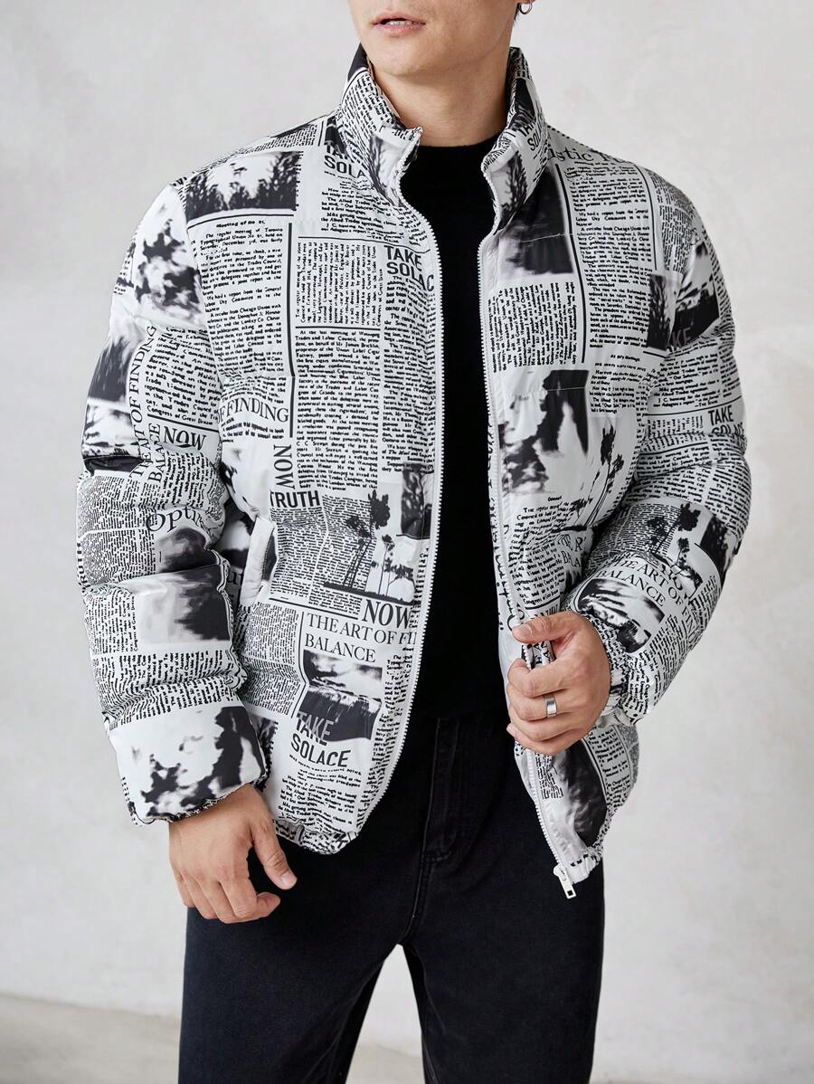 GENTILAND 男士超大号报纸印花拉链羽绒夹克 - 白色 - 查看 1