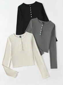 SHEIN Unity 3pcs Half Button Ribbed Knit Tee - Multicolor - View 3