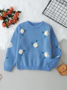 SHEIN Tween Girl Floral Appliques Sweater - Blue - View 1