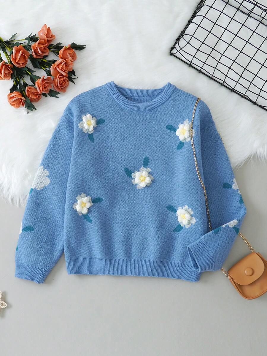 SHEIN Tween Girl Floral Appliques Sweater - Blue - View 1