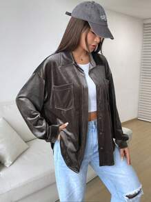 SHEIN EZwear 雙口袋落肩天鵝絨大衣 - 棕色 - 查看 4