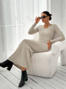 SHEIN Essnce Solid Ribbed Tie Back Split Bodycon Dress - Beige - View 6