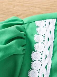 SHEIN Tween Girl Guipure Lace Insert Flounce Sleeve Frilled Neck Blouse - Green - View 5