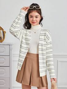 Teen Girl Striped Pattern Drop Shoulder Duster Cardigan - White - View 3