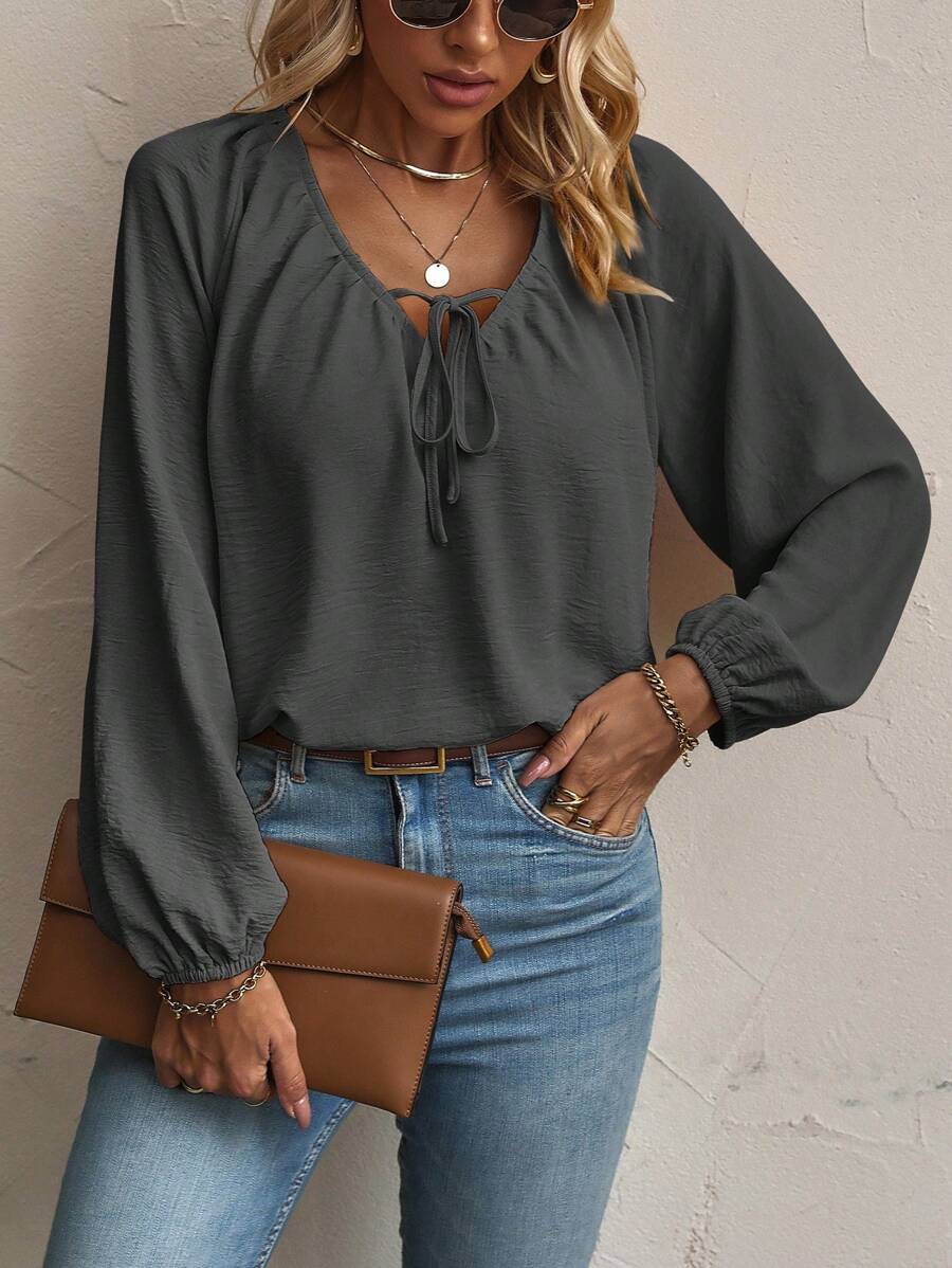 SHEIN LUNE Cà vạt Tay áo lồng đèn Áo sơ mi - Màu xám đen - Xem 1