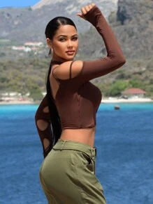 SHEIN SXY Solid Cutout Crop Tee - Brown - View 8