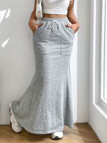 SHEIN EZwear 抽繩腰部魚尾下擺半身裙 - 灰色 - 查看 3