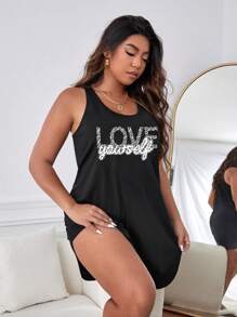 Plus Leopard & Letter Graphic Pajama Nightdress - Black - View 3