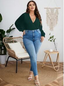Celure Plus Surplice Neck Lantern Sleeve Bodysuit - Dark Green - View 6
