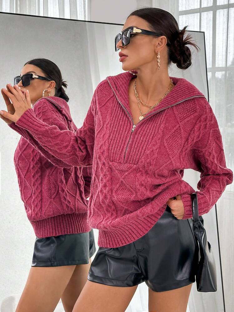 Cable Knit Drop Shoulder Zip Half Placket Sweater