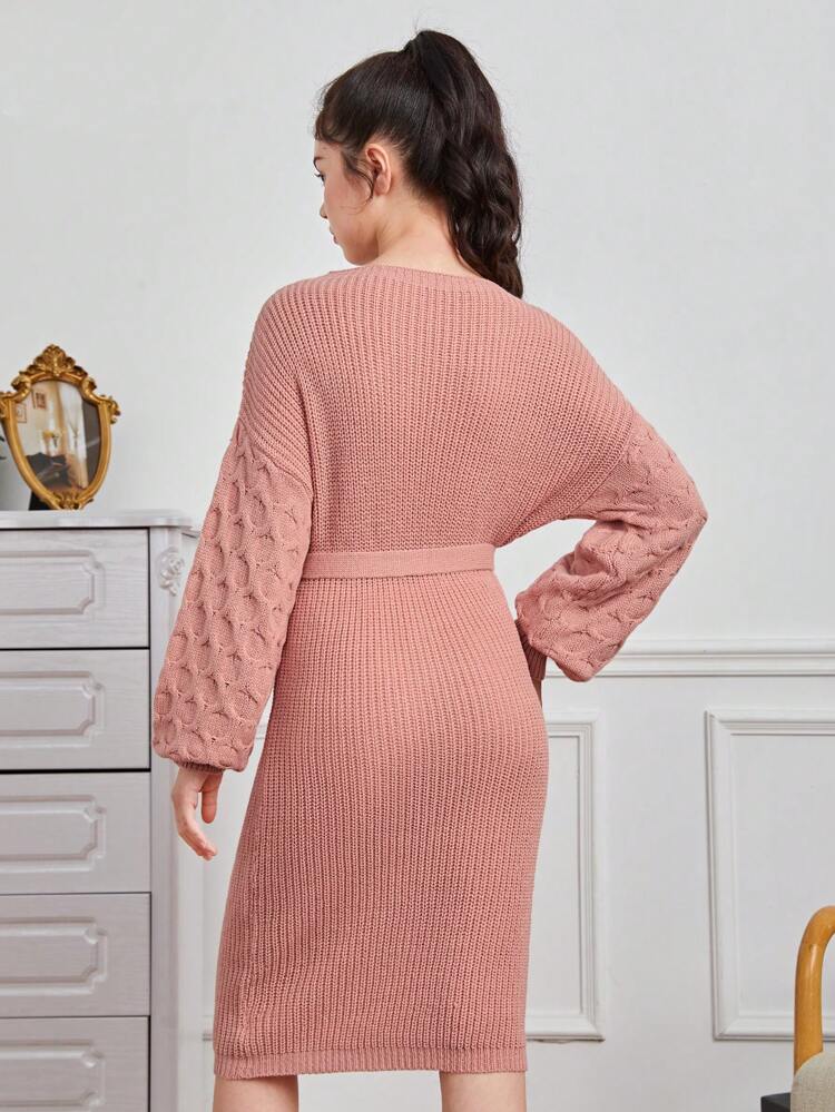 Teen Girl Drop Shoulder Belted Sweater Dress