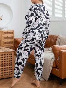 Talla grande Conjunto de pijama panda de dibujos animados con estampado - Blanco y Negro - Ver 2