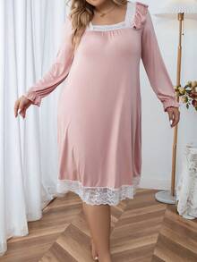 Hơn Ren tương phản Viền Ruffle tay áo lá sen Váy ngủ - Màu Hồng baby - Xem 4