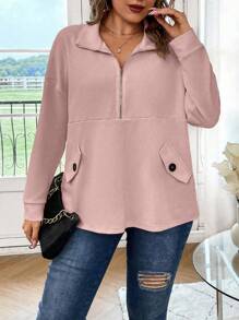 Calvaya 加大码半拉链落肩翻盖细节套头卫衣秋季卫衣 - 藕粉色 - 查看 5