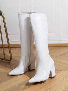 New Arrival Pointed Toe High Heel Long Boots For Women, White Chunky Heel Fashion Boots