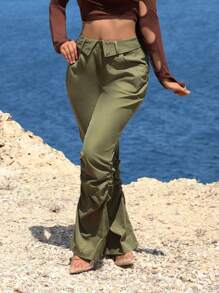 SHEIN SXY Solid Foldover Waist Flare Leg Pants - Army Green - View 7