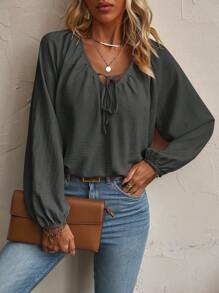 SHEIN LUNE Cà vạt Tay áo lồng đèn Áo sơ mi - Màu xám đen - Xem 3