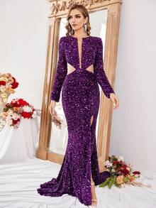 LOVE&LEMONADE Vestido de fiesta con abertura de muslo con abertura con lentejuelas - Morado - Ver 6