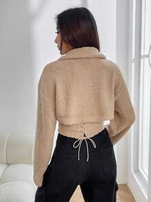 SHEIN EZwear Half Zip Drop Shoulder Crop Teddy Sweatshirt - Khaki - View 2