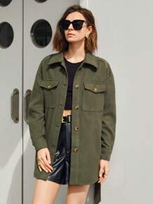BizChic 有蓋口袋落肩大衣 - 橄欖綠 - 查看 3