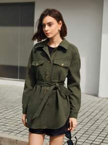 BizChic 有蓋口袋落肩大衣 - 橄欖綠 - 查看 4