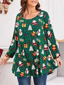 Women's Round Neck Christmas Santa Claus Print Cute Retro Long Sleeve T-Shirt Top, Autumn/Winter - Green - View 1