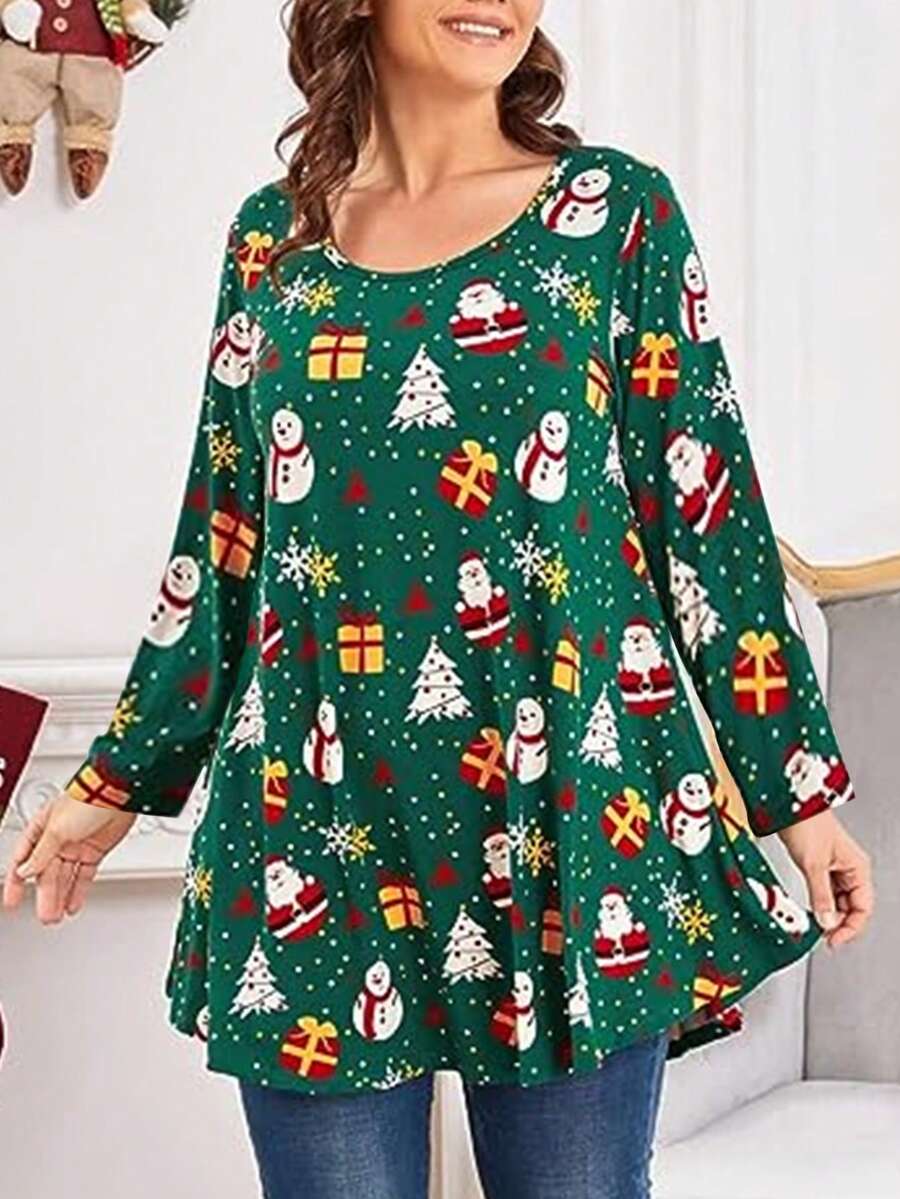Women's Round Neck Christmas Santa Claus Print Cute Retro Long Sleeve T-Shirt Top, Autumn/Winter - Green - View 1