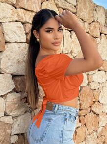 SHEIN SXY 露肩繫帶短款襯衫 - 橘色 - 查看 5