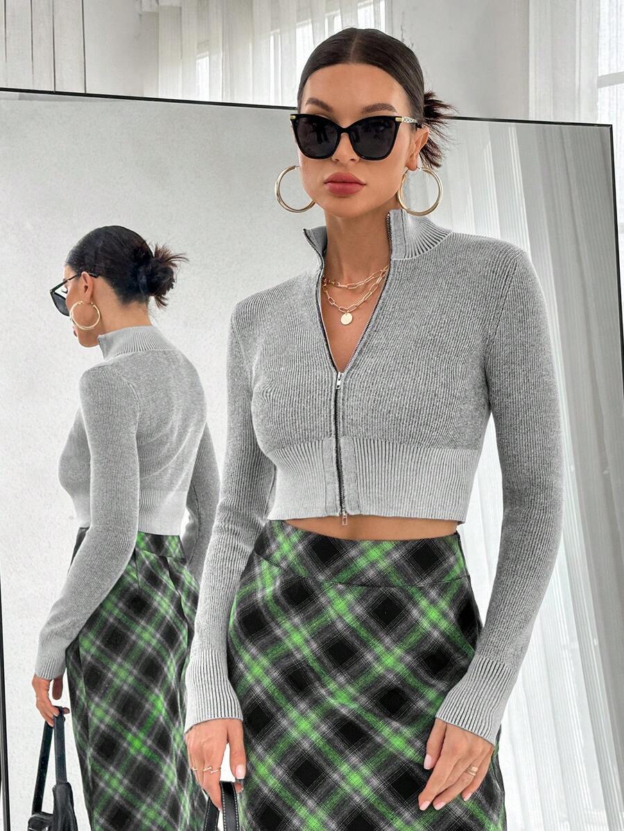 SHEIN Essnce 拉鏈開襟短款開衫 - 黑與白 - 查看 1