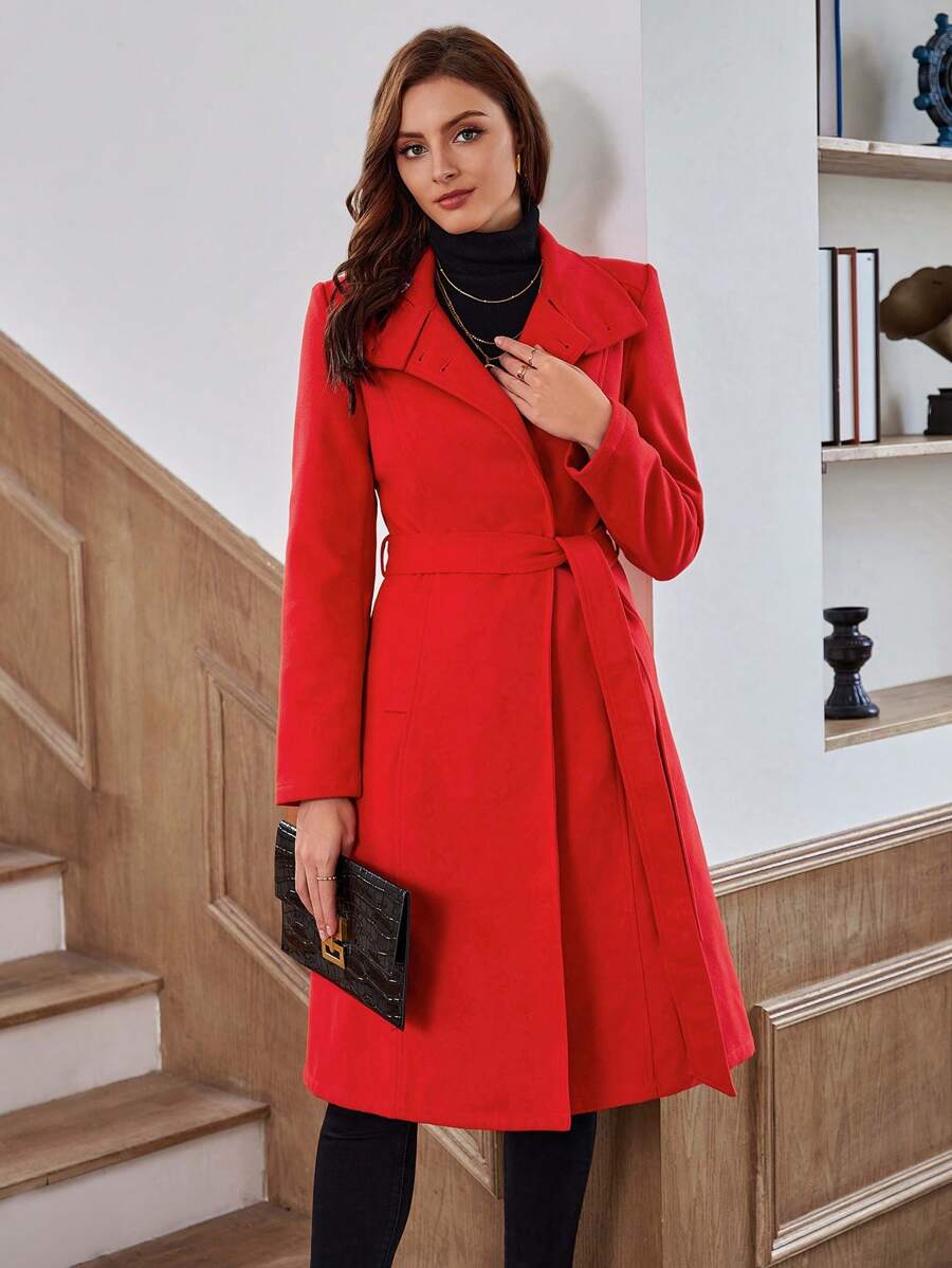 SHEIN Clasi Mock Neck Slant Pocket Belted Overcoat - Red - View 1
