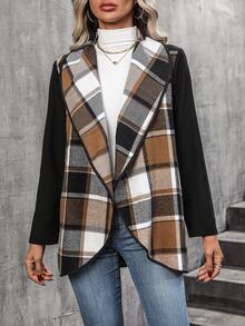 SHEIN LUNE Plaid Print Contrast Binding Open Front Coat - Khaki - View 5