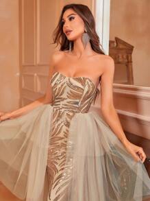 Contrast Mesh Sequin Tube Wedding Dress - Champagne - View 3