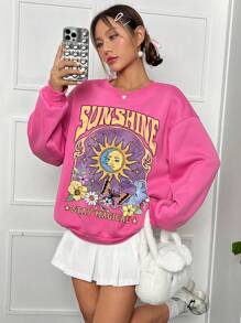 SHEIN EZwear 女士太阳字母印花圆领超大长袖运动衫 - 玫紅色 - 查看 1