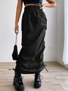 SHEIN EZwear 側抽繩側翻蓋口袋側收褶工裝裙 - 黑色 - 查看 1