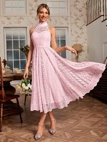 Simplee Vestido halter de encaje liso - Rosa - Ver 3
