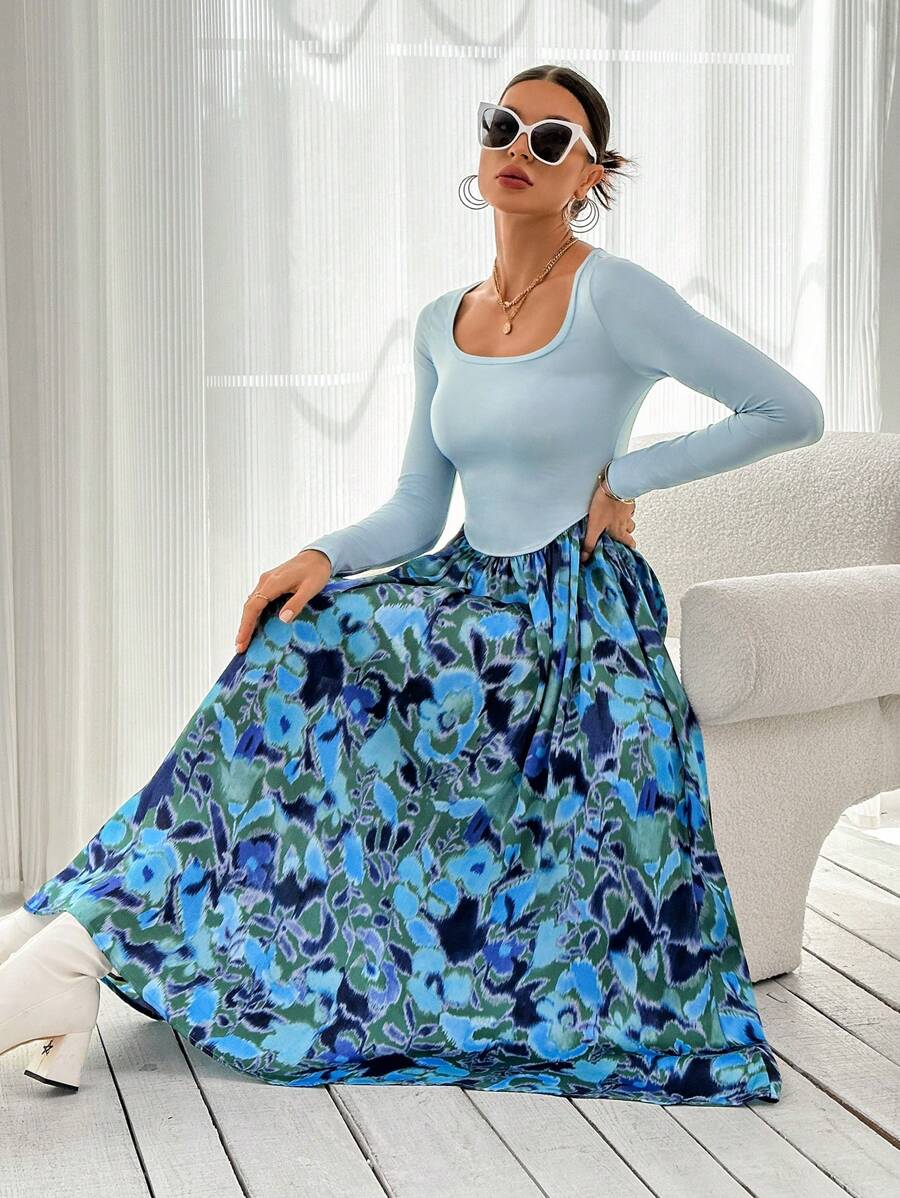 SHEIN Privé Floral Print Scoop Neck Dress - Multicolor - View 1