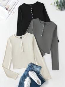 SHEIN Unity 3pcs Half Button Ribbed Knit Tee - Multicolor - View 1