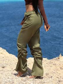 SHEIN SXY Solid Foldover Waist Flare Leg Pants - Army Green - View 8