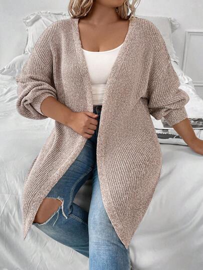 EMERY ROSE Plus Size Women Solid Color V-Neck Dropped Shoulder Casual Simple Versatile Cardigan Knitted Sweater, Autumn/Winter Fall Cloth For Women