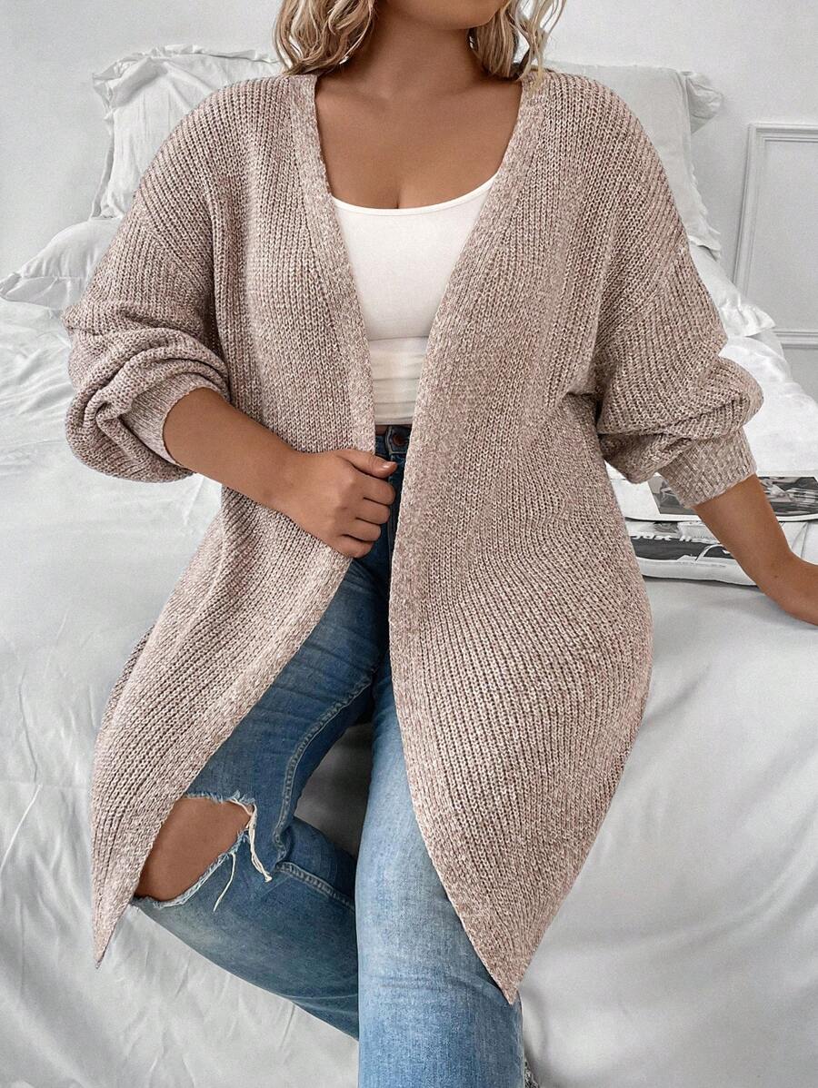 EMERY ROSE Plus Size Women Solid Color V-Neck Dropped Shoulder Casual Simple Versatile Cardigan Knitted Sweater, Autumn/Winter Fall Cloth For Women - Khaki - View 1