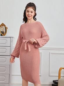 Teenager Mädchen Pulloverkleid mit Drop Shoulder Gürtel,