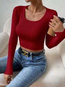 Chiquease Ribbed Knit Crop Knit Pullover Fall Winter Sweater - Burgundy - View 6