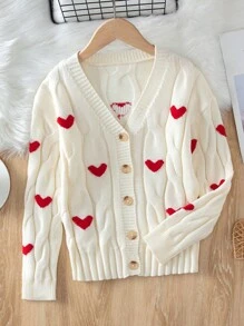 SHEIN 女大童愛心圖案麻花編織落肩袖開襟衫 - 白色 - 查看 1