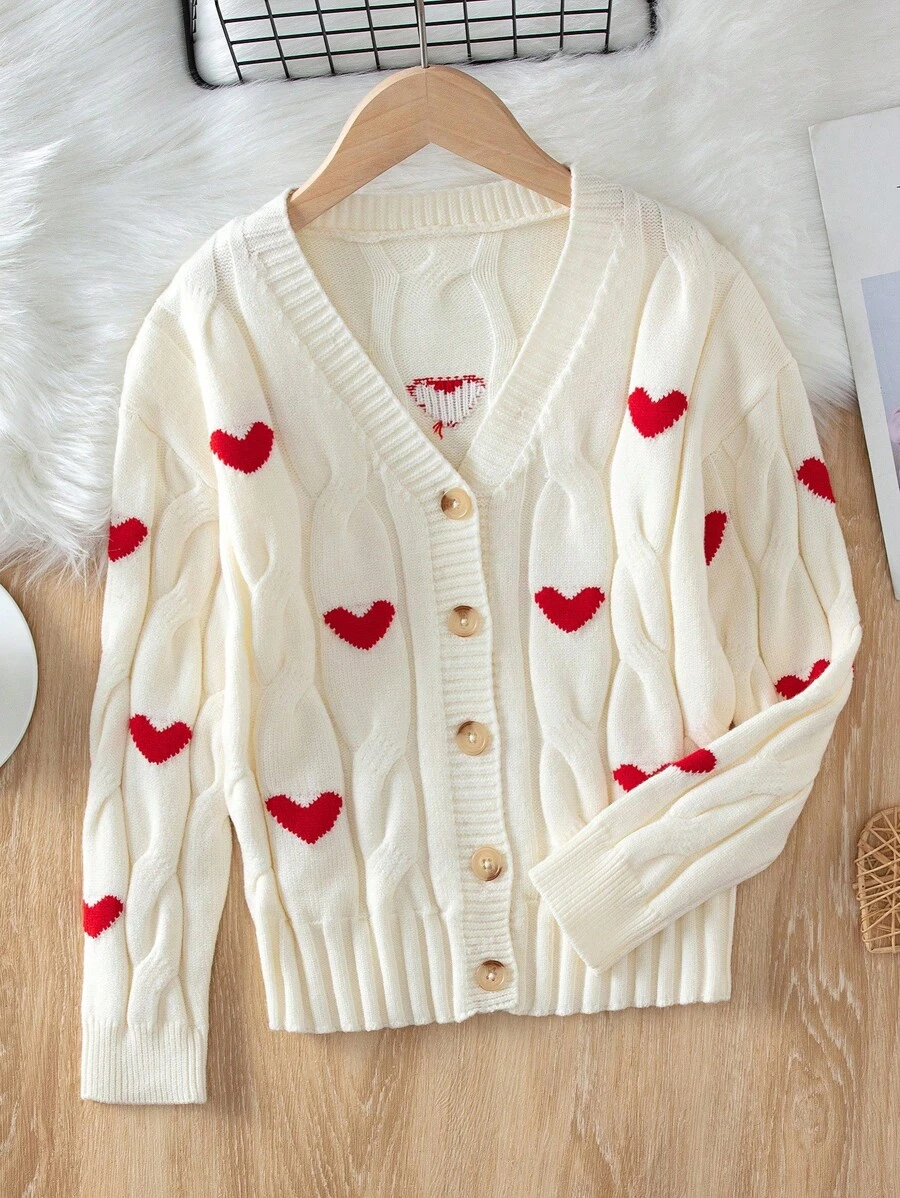 SHEIN 女大童愛心圖案麻花編織落肩袖開襟衫 - 白色 - 查看 1