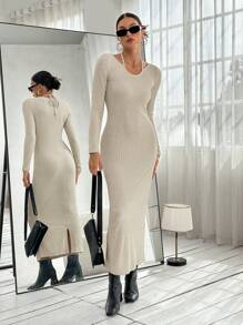 SHEIN Essnce Solid Ribbed Tie Back Split Bodycon Dress - Beige - View 5