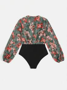 SHEIN VCAY Floral Print Lantern Sleeve Overlap Collar Bodysuit - Multicolor - View 2
